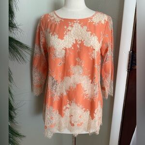 Linea by Louis Dell’Olio coral/ivory lace inset blouse size 4 NWOT